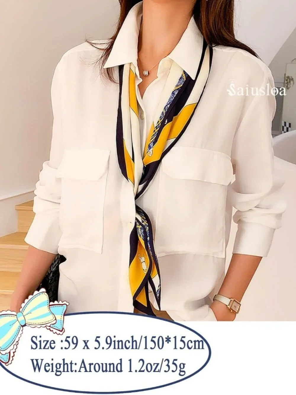 Women's Blue and White Pony Fashion Scarves Long Skinny Silky Hair Bags Scarf